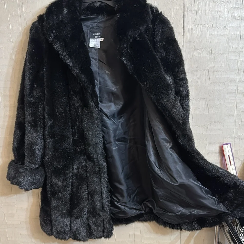 Vintage Dennis Basso Mid Length Faux Fur Coat Black size M. (D) - Picture 3 of 4